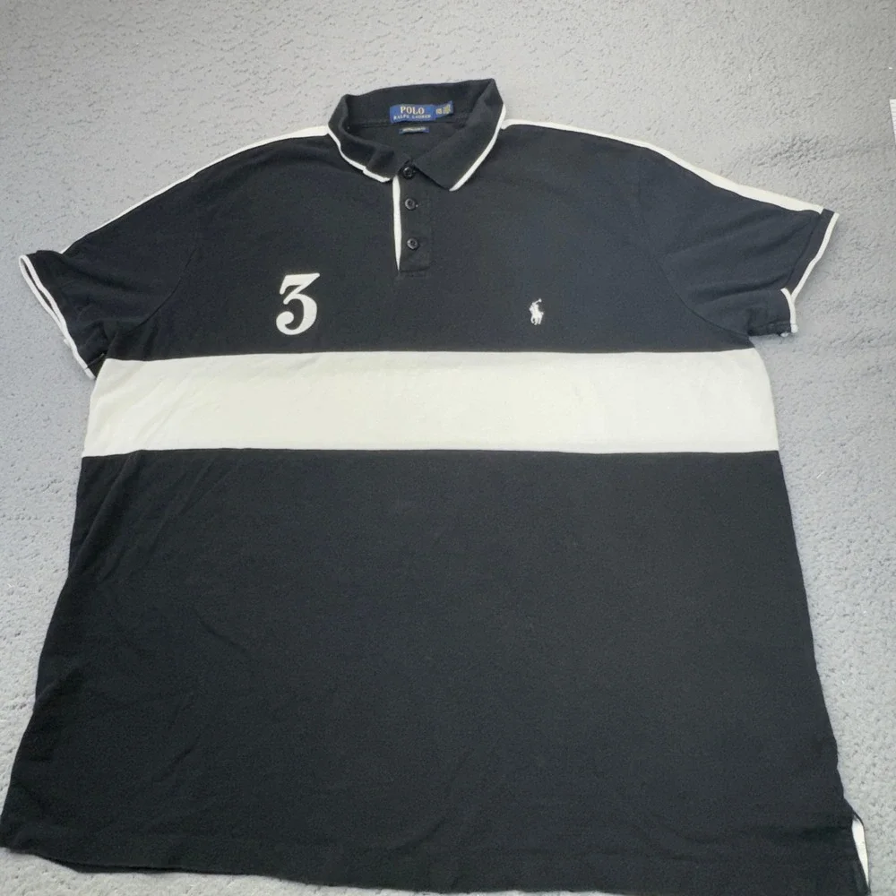 Polo Ralph Lauren Shirt Mens 2XL XXL Black Rugby Stripe Custom Slim Fit Pony
